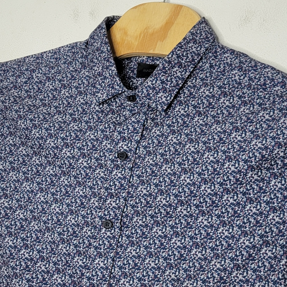 Magaschoni Man Purple Patterned Short Sleeve‎ Button Down Shirt Men's Large L
